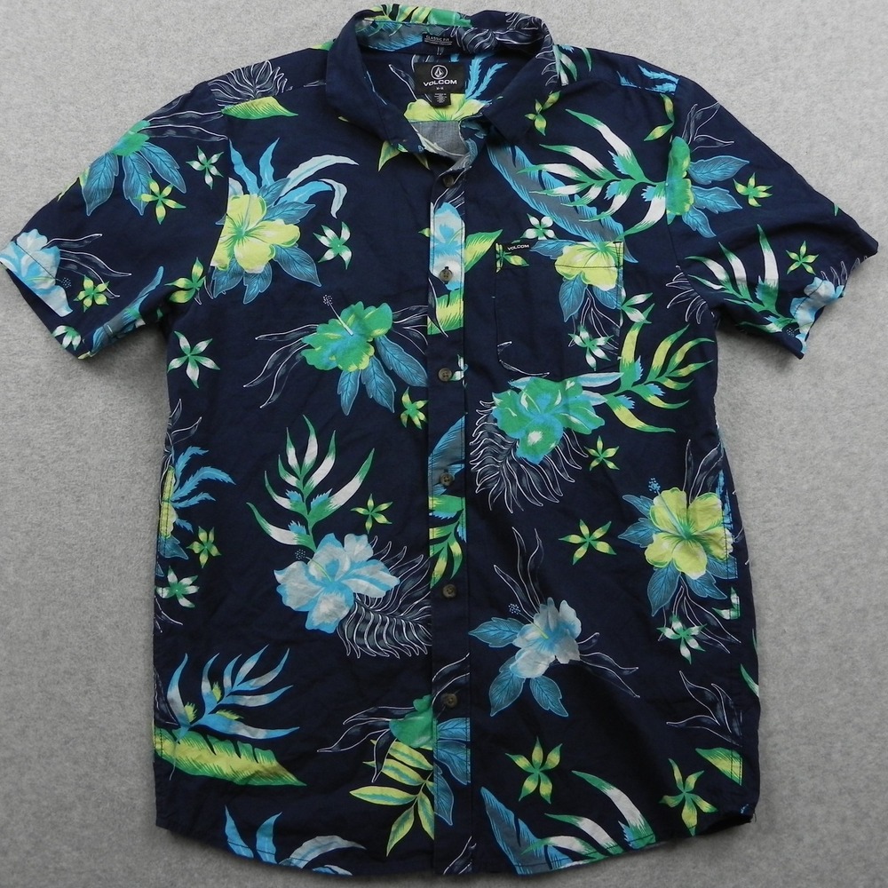 Volcom Shirt Mens Medium Classic Fit Hawaiian Button Up Blue Floral Short Sleeve